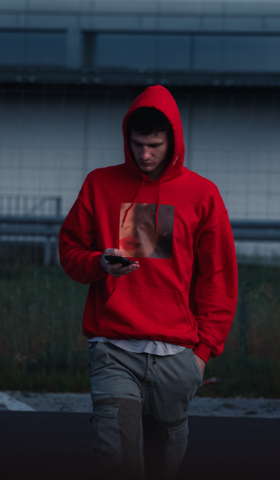 Noah Locher in a red hoodie